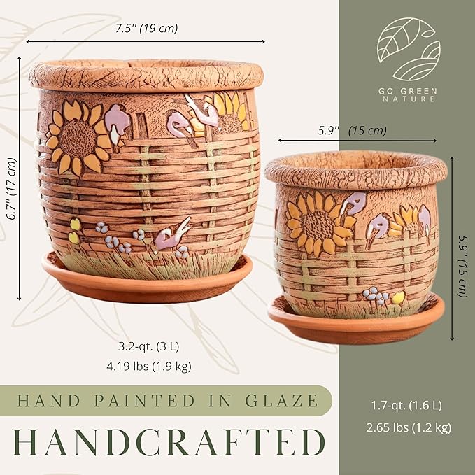 Ceramic Pot with Drainage Hole and Saucer, Plant Pots, Modern Decorative Planters for House Plants Indoor Flowers Plants, Cute Flower Pot - Gifts (Wicker (1.6 L))