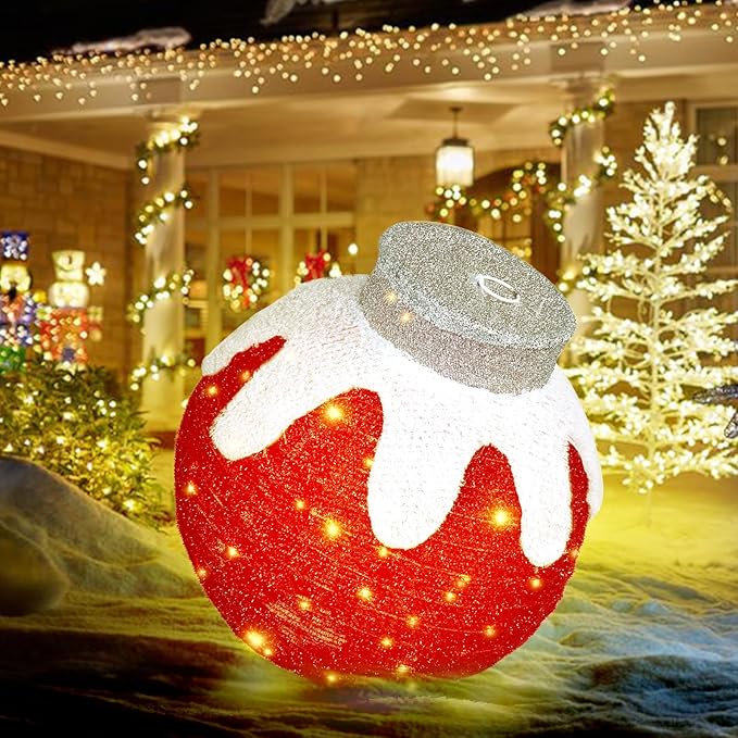 BRIGHTDECK Outdoor Christmas Ornaments, Lighted Pop-Up Outdoor Holiday Ball Decoration with 80 LED Lights, 8 Light Modes, Lighted Collapsible Holiday Decorations for Yard, Home (Red)