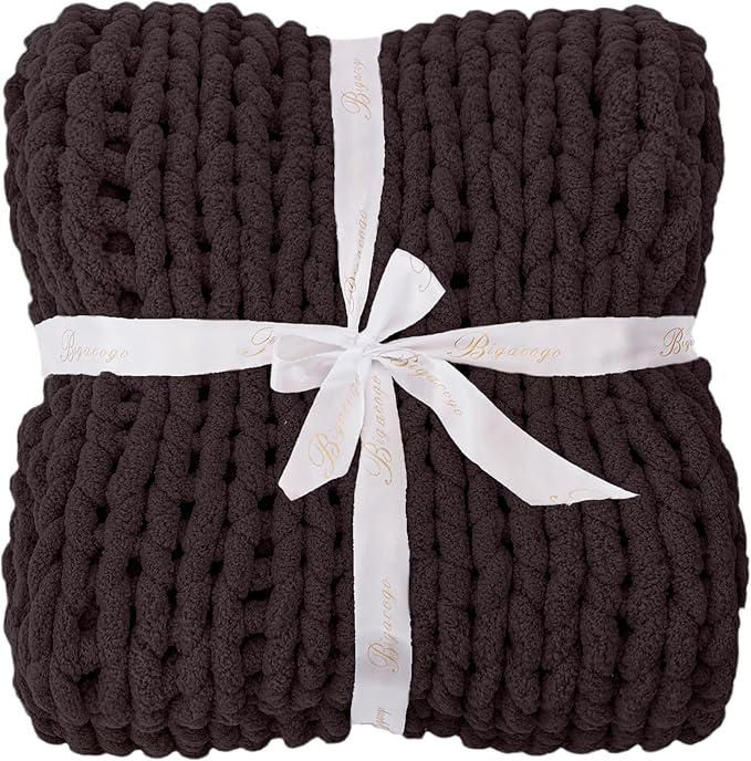 Bigacogo Chunky Knit Throw Blanket for Couch, 40x40 inches, 100% Hand Knitted with Thick Jumbo Chenille Yarn, Cozy Soft Large Rope Knot Cable Crochet Blankets for Sofa Bed Living Room, Chocolate