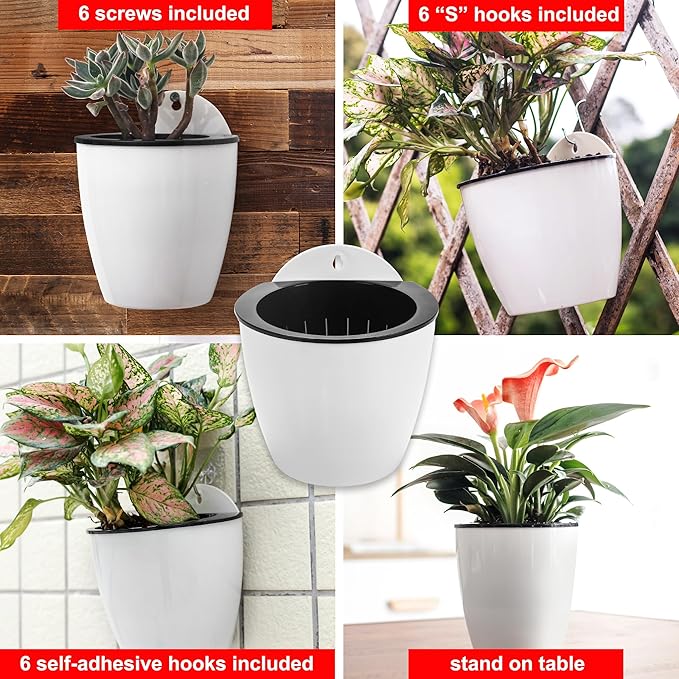 ORIMERC 6 Pack White Self Watering Wall Hanging Planter Pots Vertical Garden Window Mount Indoor Outdoor Plant Flower Basket Kitchen Herbs Balcony Railing Shelf Fence Bedroom Trellis Decor(Medium)