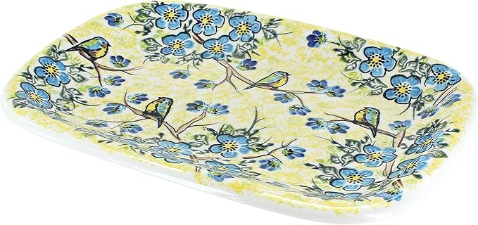 Blue Rose Polish Pottery Bluebird Garden Medium Rectangular Serving Platter