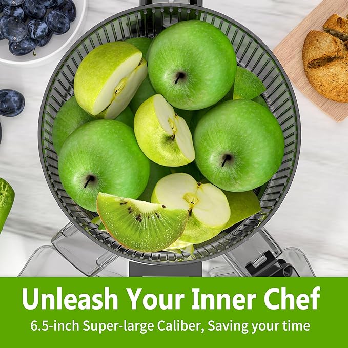 Cold Press Juicer – 6.5" Extra Large Feed Chute Fit Hands-Free Electric Masticating Juicer Machine, 350W Slow Masticating Juicer Machine for Whole Fruit and Vegetables – Easy Cleanup & Assembly