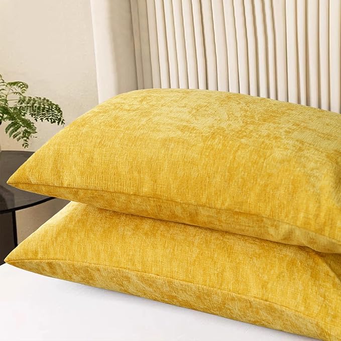 CaliTime Throw Pillow Covers Decorative 20 X 26 Inches Pack of 2 Cozy Chenille Standard Pillow Shams Cases for Couch Sofa Bed Living Room Home Mustard Yellow