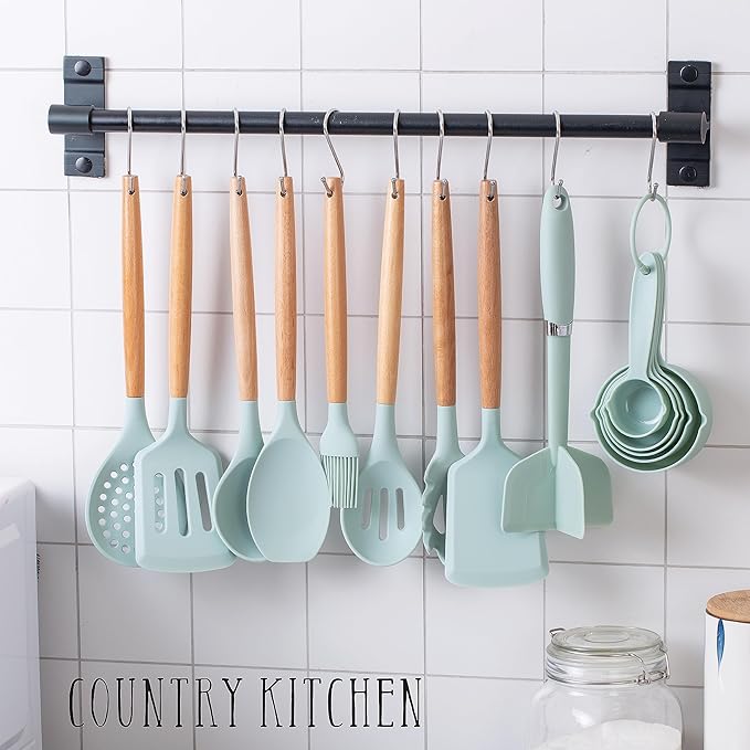 Country Kitchen Non Stick Silicone Utensil Set with Rounded Wood Handles for Cooking and Baking, 38 Piece Set, Mint