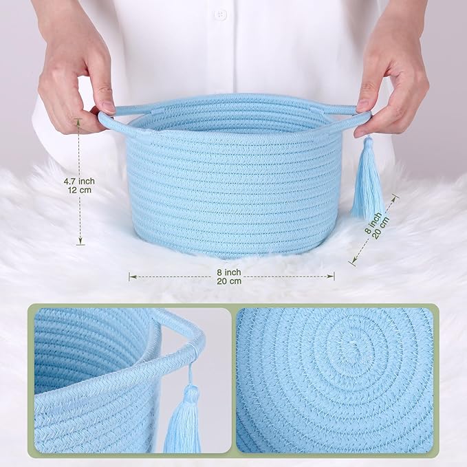 Empty Gift Basket – SweetMemo Mini Woven Rope Organizer Baskets for Gifting, Baby Shower, Desk, Makeup Brushes, Bathroom, Shelves – Small Decorative Storage Bin with Gift Bag & Ribbon – Soft Blue