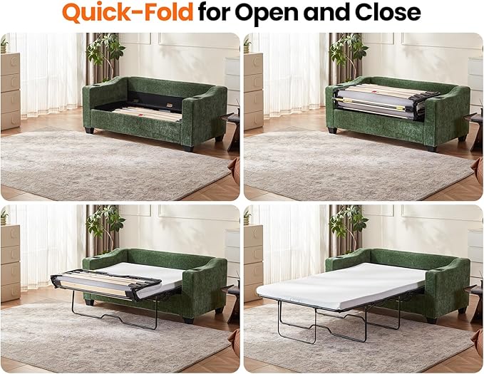 CHIC HOUSE Pull Out Sofa Bed, Full Size Sleeper Sofa, 2-in-1 Convertible Chenille Couch with USB Charging, Memory Form Couch for Living Room, Apartment & Small Space (Green, Chenille - Full)