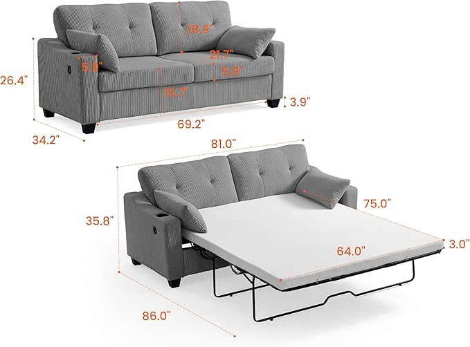 CHIC HOUSE Pull Out Sofa Bed, Full Size Sleeper Sofa, 2-in-1 Convertible Corduroy Couch with USB Charging, Memory Form Couch for Living Room, Apartment and Small Space (Grey, Corduroy - Queen Size)
