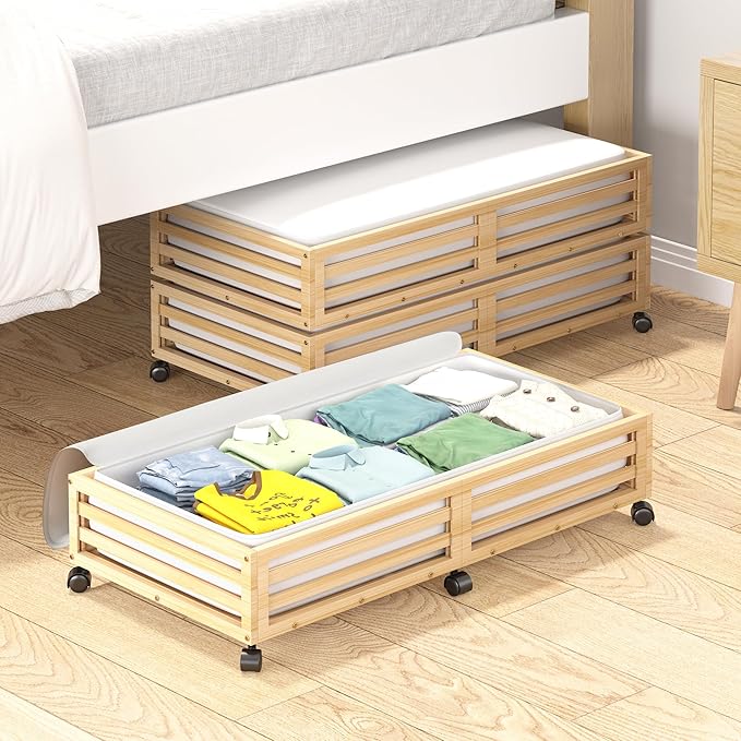 Bamboo Under Bed Storage Containers- Underbed Organizer with Wheels with Large Dust Bag,Sturdy Wood Rolling Under the Bed Shoe Storage Organizer Drawer 2 Packs (Nature, Long)