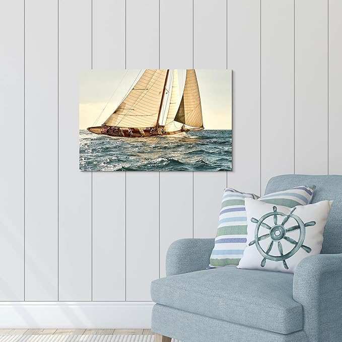 ARTISTIC PATH Nautical Sailboat Canvas Wall Art - Coastal Ocean Artwork Seascape Sailing Prints Wave Boat Picture Sunset Marine Ship Painting for Bedroom