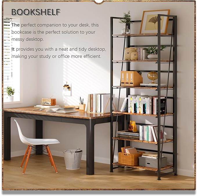 4NM No Assembly Foldable Bookshelf, 6-Shelf Collapsible Bookcase Storage for Small Spaces, 74" H, Rustic Brown and Black