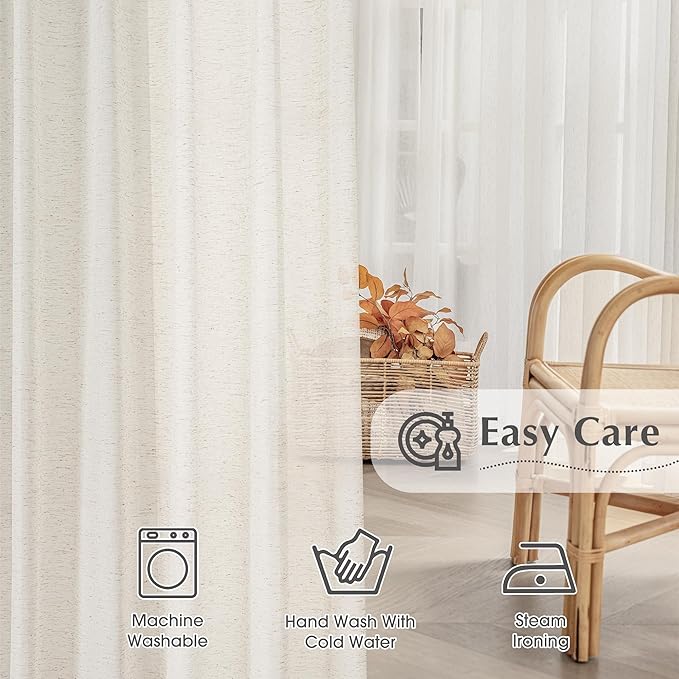 FMFUNCTEX Linen Sheer Pinch Pleated Curtains for Living Room, Linen Flax Beige 90 Inches Long Sheer Curtain See Through Panels for Bedroom, Natural Window Drapes for Farmhouse, Back Tab 2 Panels