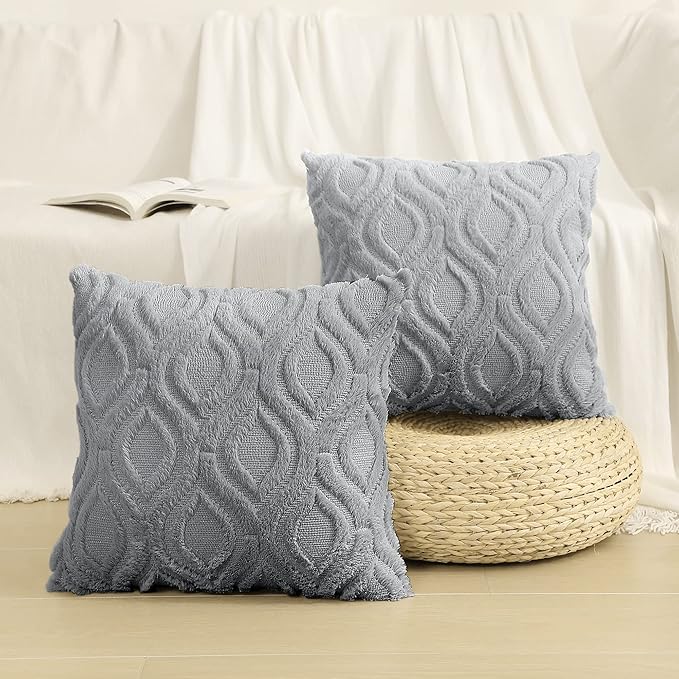 decorUhome Fall Throw Pillow Covers 26x26 Inch Set of 2, Soft Plush Decorative Faux Fur Grey Solid Couch Pillow Covers, Accent Farmhouse Neutral Square Euro Pillow Cases for Sofa Bed Living Room