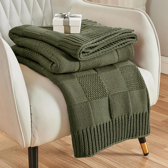 CozeCube Check Knit Throw Blanket, Olive Green Checkered Throw for Couch, Decorative Christmas Soft Cozy Warm Knitted Blanket for Bed Sofa Living Room, 60"X80"
