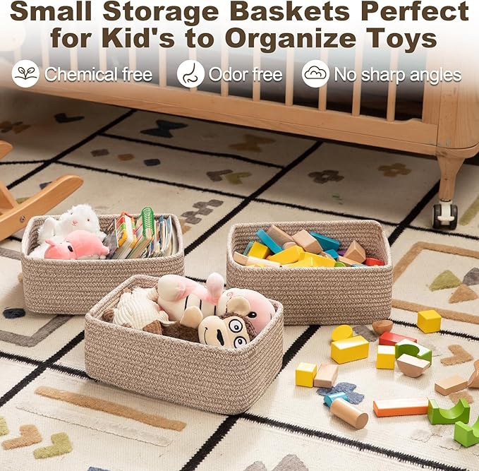 3 Pack Small Storage Baskets for Organizing, Cute Woven Decorative Gift Baskets for Shelves, Mini Closet Organizer Bins with Handles, 11.81''Lx7.87''Wx4.72''H-Brown