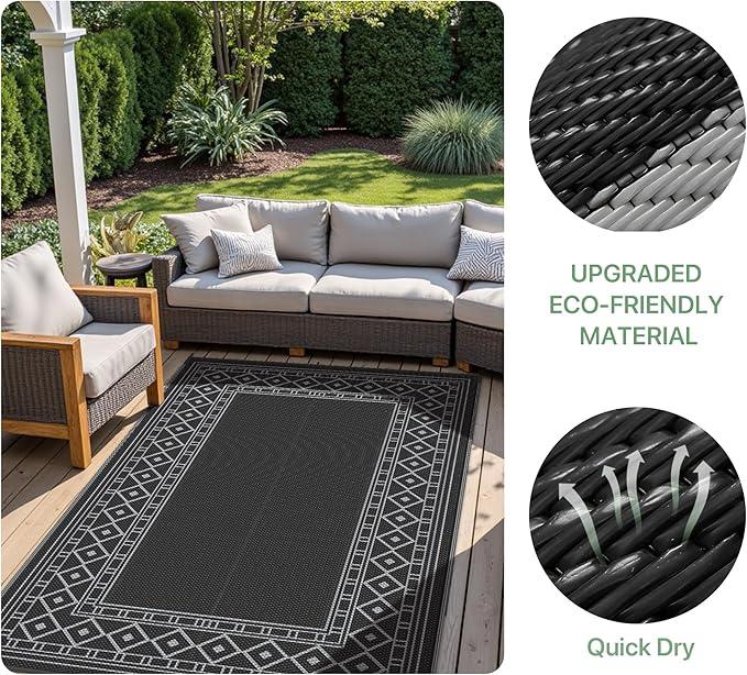 GENIMO Outdoor Rug Waterproof 6'x9' for Patio, Foldable Reversible Plastic Straw Carpet for Travel Trailers, Outside Area Mat for Rv, Deck, Picnic, Porch, Camper, Balcony, Beach, Black & Grey