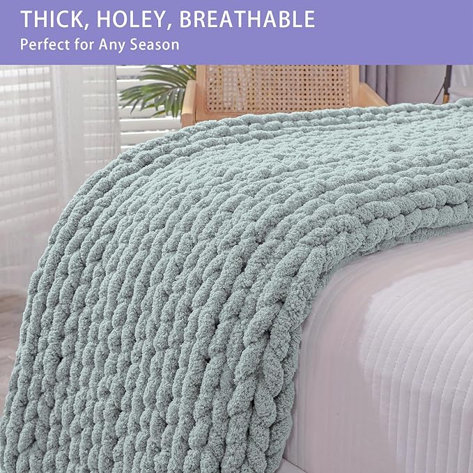 Bigacogo Chunky Knit Throw Blanket for Couch, 51x63 inches, 100% Hand Knitted with Thick Jumbo Chenille Yarn, Cozy Soft Large Rope Knot Cable Crochet Blankets for Sofa Bed Living Room, Misty Green