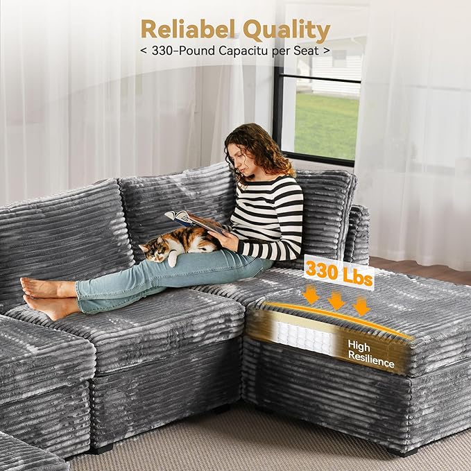 Modular Sectional Sofa with Chaise U Shaped Sectional Couch for Living Room, 8-Seater Comfy Cloud Couches with One Movable Ottoman, Plush Corduroy, Gray