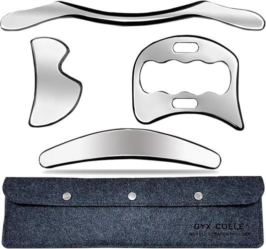 4 in 1 Stainless Steel Gua Sha Muscle Scraper Tool, Professional IASTM Physical Therapy Tool Set for Massage and Scraping