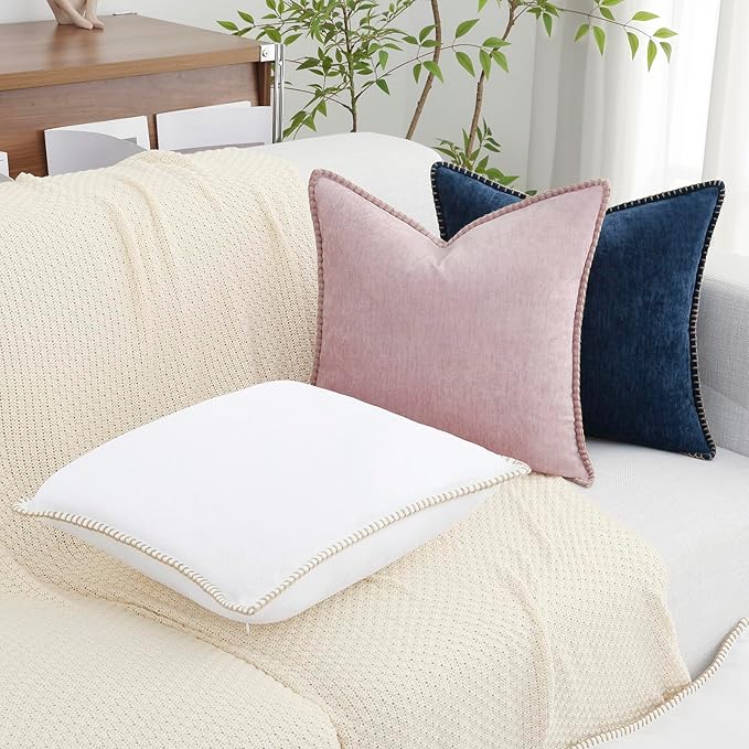 decorUhome Chenille Soft Throw Pillow Covers 22x22 Set of 2, Farmhouse Velvet Neutral Decorative Euro Pillow Covers with Stitched Edge for Couch Sofa Bed Home Decor, White