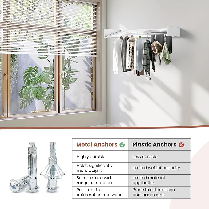 Foldable Wall-Mounted Drying Rack, Heavy-Duty 60 lb Capacity – Space-Saving Folding Laundry Hanger with 10 Clips, Rust-Proof Aluminium Clothes Dryer for Indoor & Outdoor Use