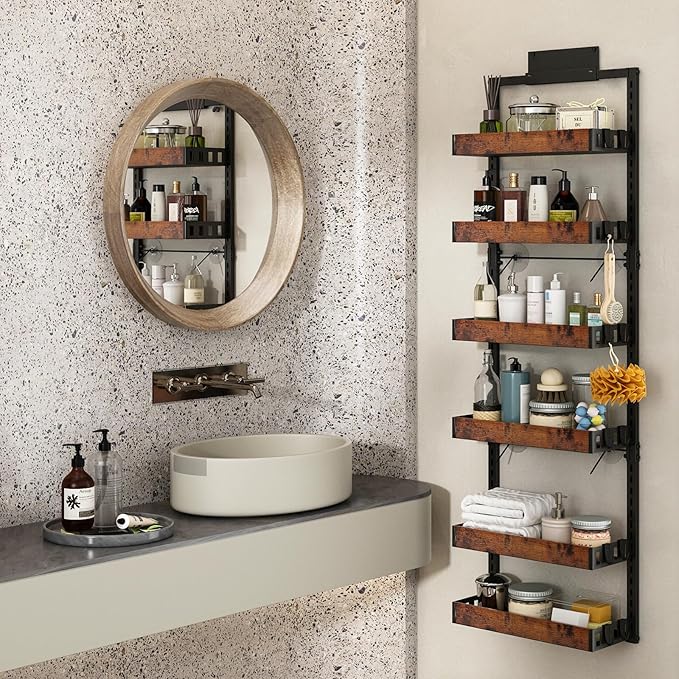 bukfen Over the Door Pantry Organizer, 6-Tier Adjustable Wooden Basket Kitchen Pantry Door Organization and Storage, Heavy-Duty Metal Hanging Kitchen Spice Rack,D6.3 x W17.71 x H50.60 inch,1 Pack