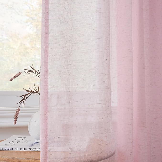 FMFUNCTEX Linen Sheer Curtains for Bedroom, Pink Curtains 84 inches Long for Living Room, Blush Pink Farmhouse French Flax Blend Window Draperies, Rod Pocket 2 Panels Set