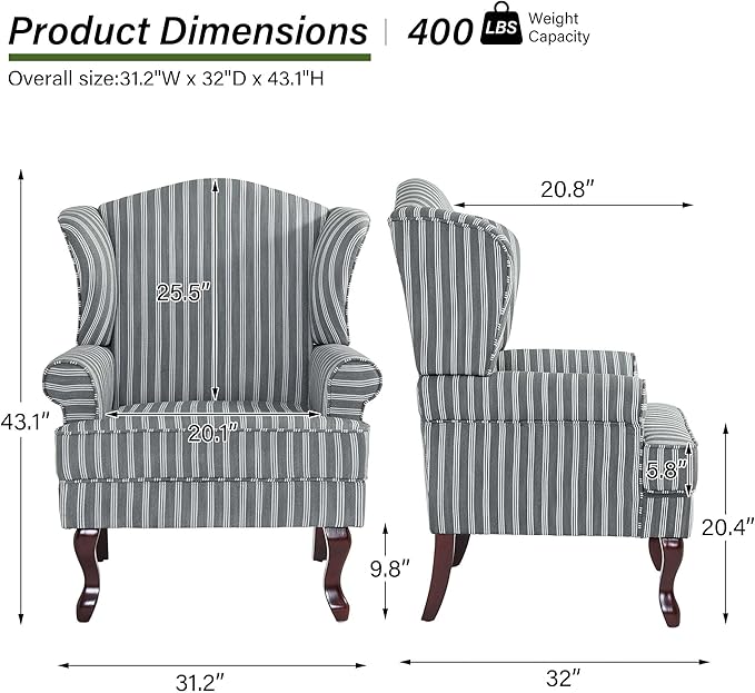 Accent Chair, High Back Upholstered Armchair with High Resilience Sponge & Wood Legs, Mid-Century Modern Comfy Single Sofa Reading Chairs for Living Room, Bedroom (Stripe Grey, Set of 2)