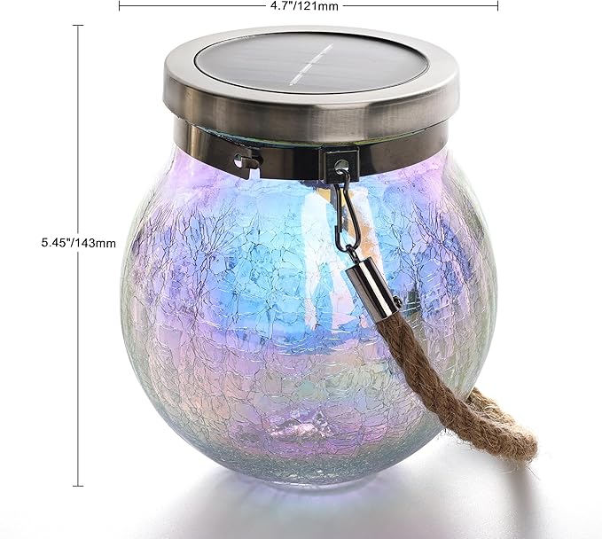 Cooo 2 Pack Solar Lantern Outdoor Waterproof Iridescent Crackle Glass with 215% Larger Solar Panel, Stainless Steel Lid – Rainbow Glass Hanging Light with Cool White LED for Garden Patio Table
