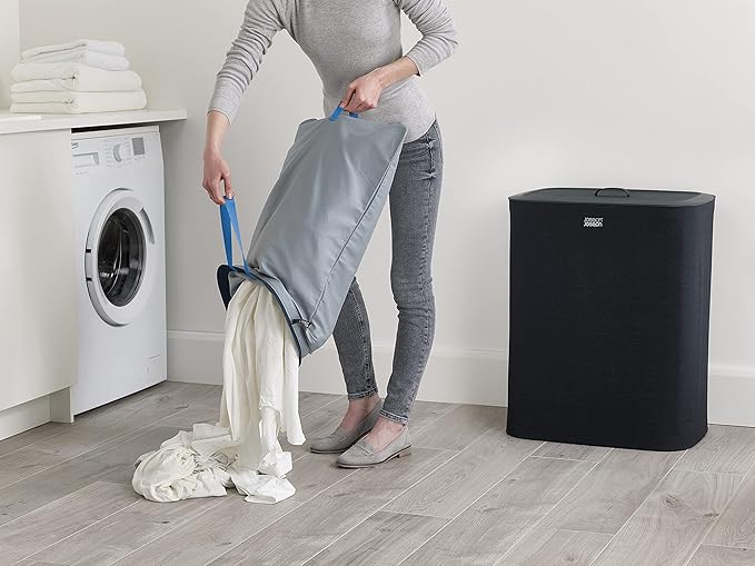 Joseph Joseph Tota 90 liter/23.8 gallon Laundry Hamper Separation Basket with lid, 2 Removable Washing Bags with Handles - Black