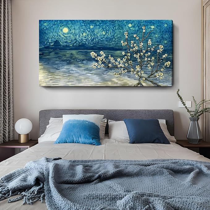 amatop Extra Large Wall Art Floral Tree Canvas Print for Living Room Bedroom Office– Oversized Plum Blossom Lake Landscape Picture Modern Blue Teal Nature Artwork Decor 58x29 Inch