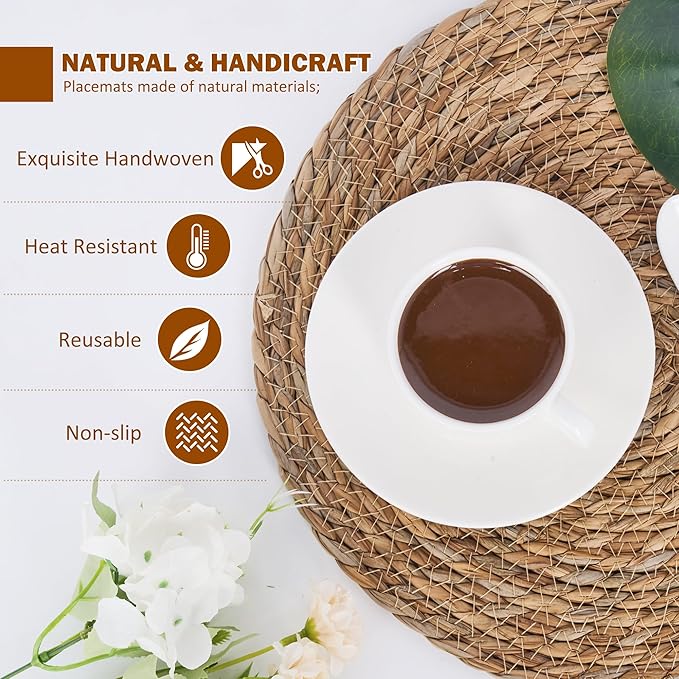 Defined Deco Woven Placemats Set of 10, 13" Round Rattan Placemats,Natural Hand-Woven Water Hyacinth, Farmhouse Weave Place Mats, Rustic Braided Wicker Table Mats for Dining Table, Home, Wedding