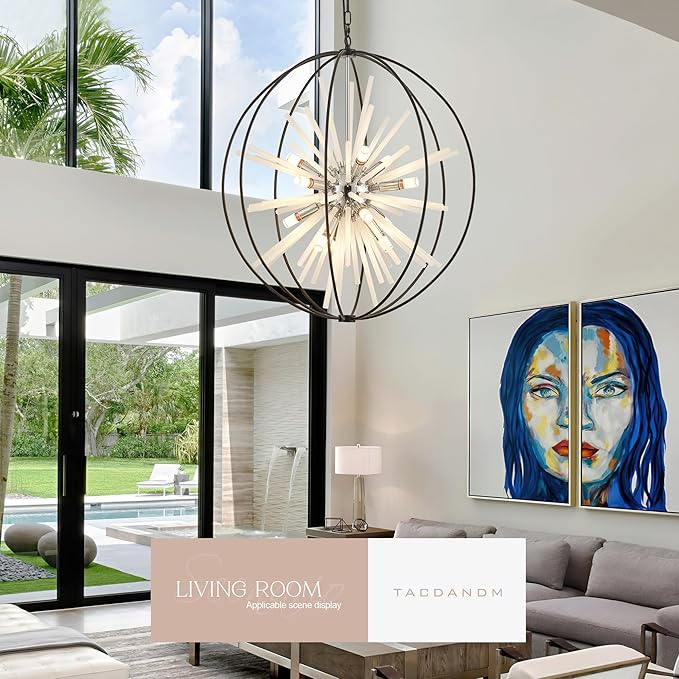 31.5" Black Chrome 16-Light Globe Sputnik Chandelier Modern Adjustable Hanging Ceiling Glass Tube Pendant Light Fixture for Entryway Foyer Stairway Dining Living Room Hallway