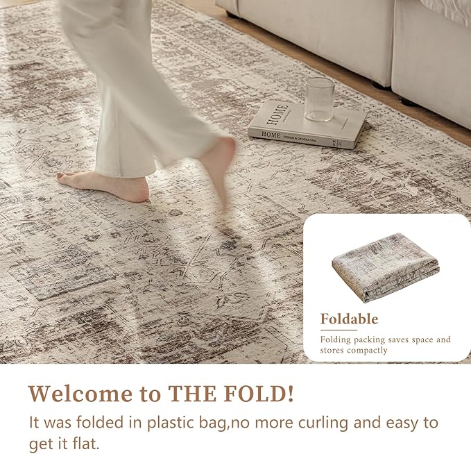 5'x7' Area Rug - Vintage Persian Medallion Design Low-Pile Faux Wool Rug, Non-Slip Backing, Machine Washable, for Living Room, Dining Room, Bedroom (Cream/Taupe)