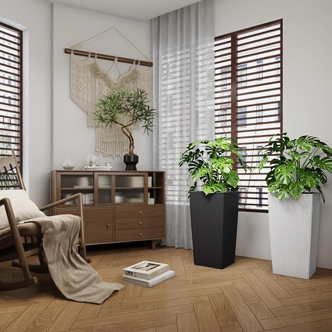 2Pcs 23in High Large Plant Pots Planter-Self-Watering,Modern Planter with Drain Holes,Water Level Monitor,Inner Bucket for Indoor/Outdoor Front Porch Patio,White Rattan