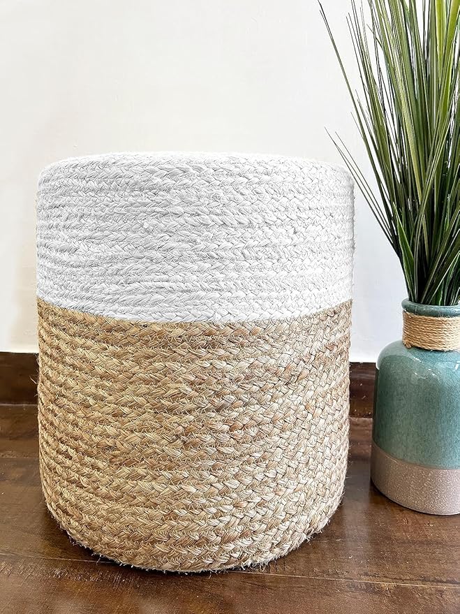 Jute Pouf Ottoman | Footrest Pouf | Hand Braided - Round Boho Pouffe - for Living Room, Bedroom, Nursery (16"x16"x16") Ivory
