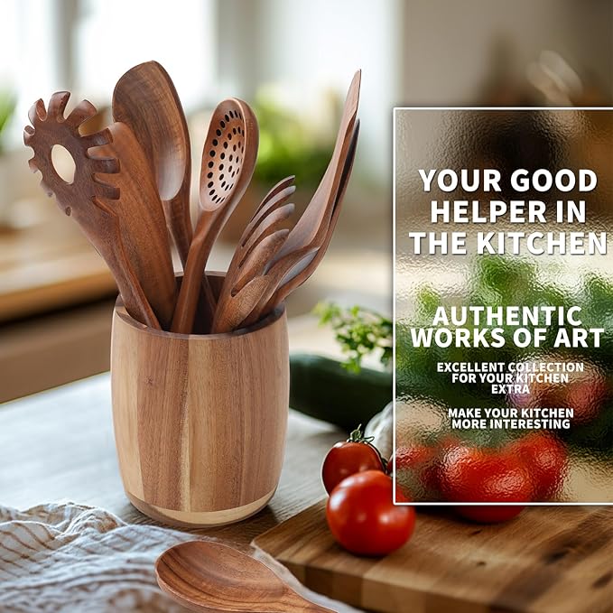 9 PCS Kitchen Utensils Set - Wooden Spoons for Cooking, Natural Teak Wooden Utensils - Includes Wooden Spoons, Spatula Set, Slotted Spoon - Handmade Wooden Spoon Set