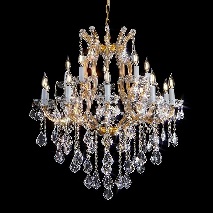 Crystal Chandelier for High Ceilings, Gold Chandelier, 15 Lights Modern Gold Crystal Chandeliers, Large Chandeliers for Staircase Foyer Entryway Living Room, 2 Layers