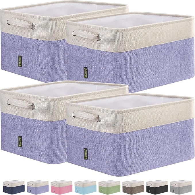 BALEINE 4 Pack Fabric Storage Bins for Shelves, Linen Storage Baskets for Organizing, Decorative Closet Bins for Clothes, Home (Lavender, 12"x8"x8")