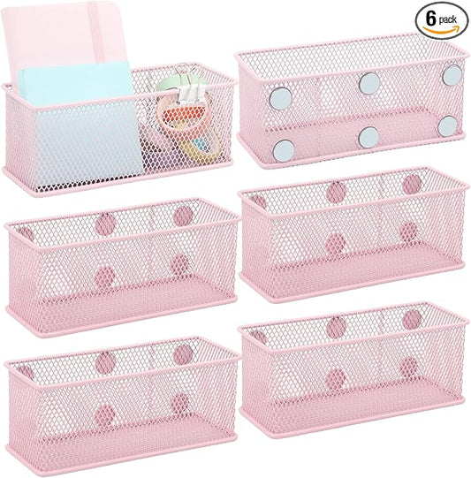 EASEPRES Magnetic Pencil Holder Set of 6 - Wire Mesh Storage Baskets Organizer with Strong Magnets - Perfect for Whiteboard, Refrigerator and Locker Accessories, Pink