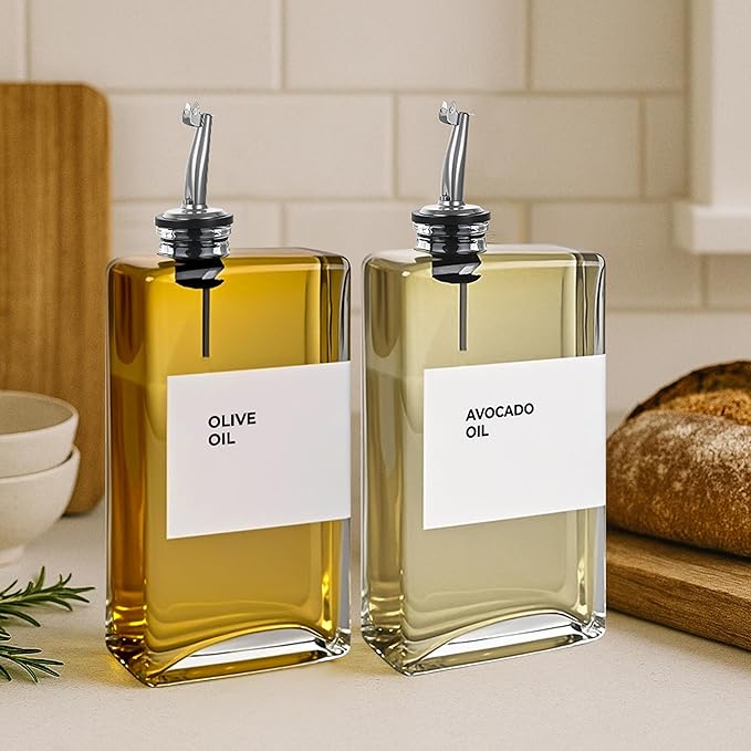 Olive Oil Dispenser Bottle - Includes 44 Kitchen Essential Labels - Cooking Oil Bottles for Kitchen, Coffee Syrup Dispenser - Pourer Spout with 11.8 fl oz Glass Container Cruet - 2pcs Silver