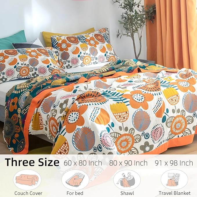 Boho Throw Blanket for Bed - 100% Pure Cotton Ultra Soft Rustic Quilt - Farmhouse Decor Bed Blankets, All Season Rustic Throw for Sofa Couch Chair(91''x 98'', Floral Print 2)