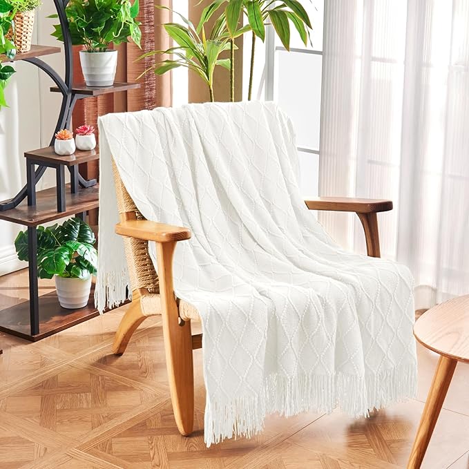 inhand Knitted Throw Blanket for Couch and Bed, Soft Living Room Home Decor Knitted Blanket with Tassel, Outdoor Lightweight Breathable Summer Blanket, Farmhouse Warm Woven Decorative, 50"x60"
