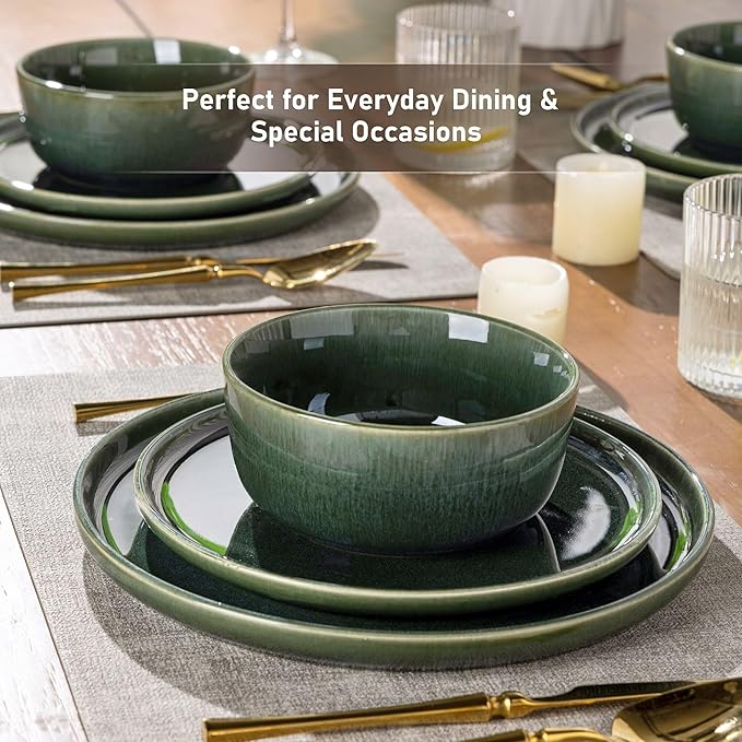 GBHOME Ceramic Dinnerware Sets for 6, 18 Pieces Stoneware Plates and Bowls Sets, Reactive Glaze Dishes -Scratch Resistant, Dishwasher&Microwave Safe, Earth Green
