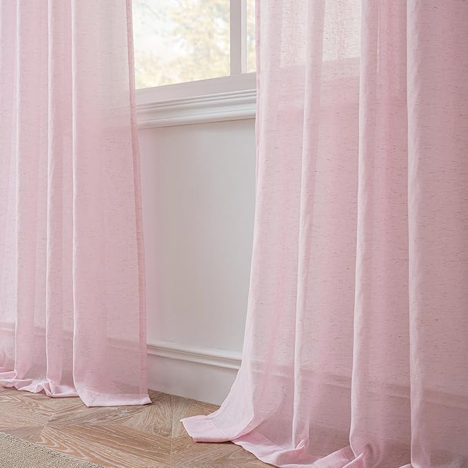 FMFUNCTEX Linen Sheer Curtains for Bedroom, Pink Curtains 96 inches Long for Living Room, Blush Pink Farmhouse French Flax Blend Window Draperies, Rod Pocket 2 Panels Set