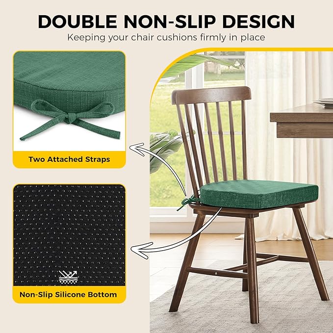 downluxe Indoor Chair Cushions for Dining Chairs, Soft and Comfortable Textured Memory Foam Kitchen Chair Pads with Ties and Non-Slip Backing, 16" x 16" x 2", Dark Green, 4 Pack