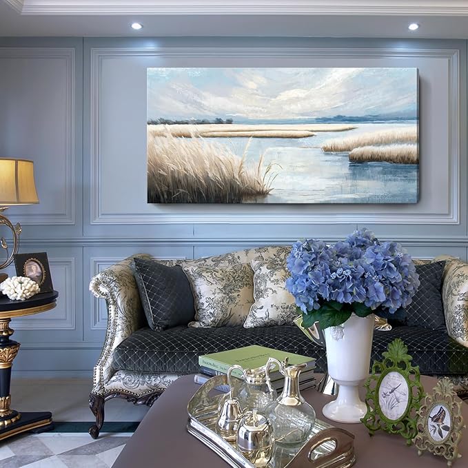 amatop Extra Large Coastal Marsh Landscape Wall Art – Neutral Blue Beige Wetland Canvas Print for Bedroom Living Room Office – Serene Nature Wall Decor,Oversized Ocean Artwork for Home Decoration