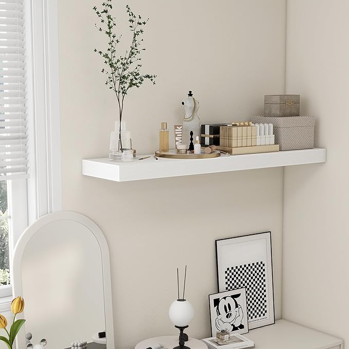 White Floating Shelves for Wall - 48 Inch Wide x 12 Inch Deep Wall Shelves Set of 1 - Rustic Wood Shelves for Living Room, Bathroom, Laundry Room, Bedroom, Kitchen, Home Office