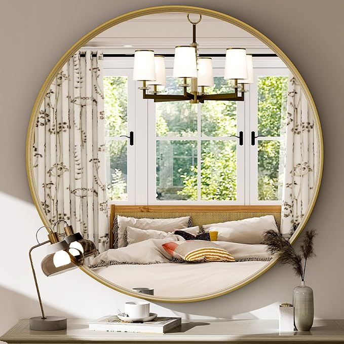 32 Inch Round Bathroom Mirror - Wall Mounted Circle Mirror with Metal Frame, Modern Mirror Suitable for Bathroom, Vanity, Entryway, Living Room, Wall Decor,Gold