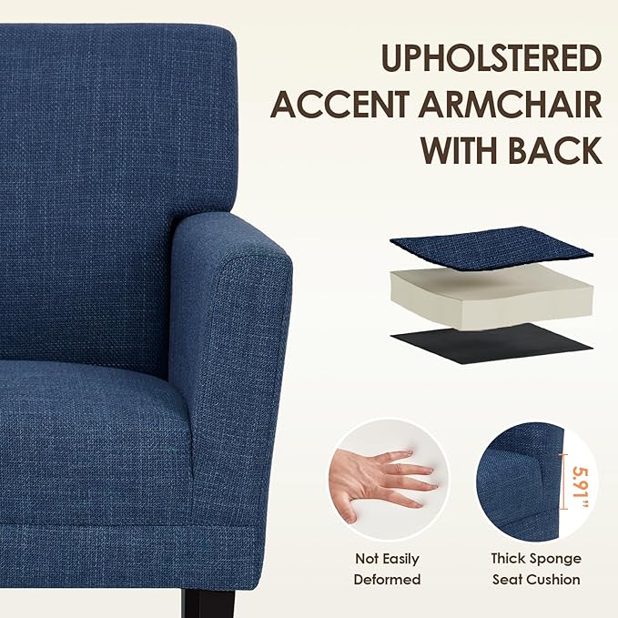 COLAMY Modern Accent Chair for Living Room, Upholstered Fabric Accent Armchair with Back, Soft Single Sofa Chair with Arms for Bedroom/Office/Reception Room, Blue
