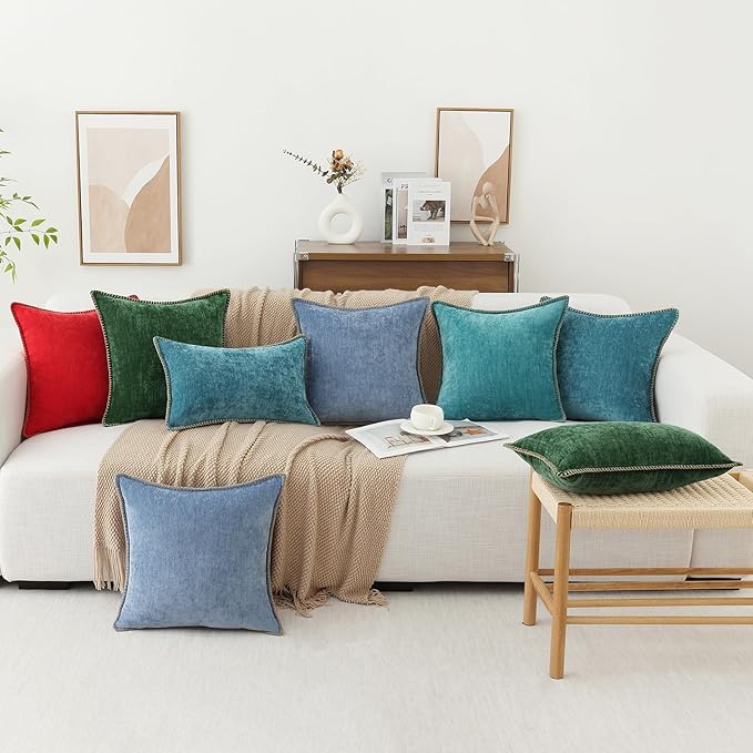 decorUhome Chenille Soft Throw Pillow Covers 18x18 Set of 2, Farmhouse Velvet Neutral Decorative Euro Pillow Covers with Stitched Edge for Couch Sofa Bed Home Decor, Red